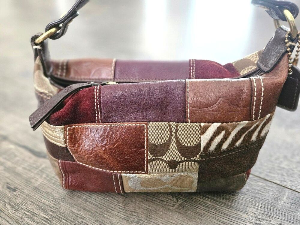 Vintage Y2K Coach Holiday Patchwork Mini Demi Hobo Bag Multi Brown Leather - Picture 3 of 11